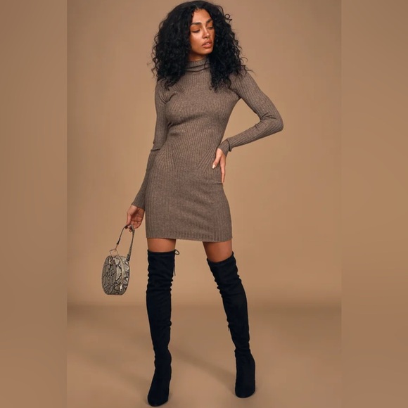 Lulus Dresses & Skirts - ✨Lulus NWT Heather Taupe Ribbed Mock Neck Sweater Dress 🤎Medium ✨